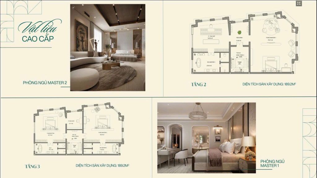 Tầng 2 và tầng 3: mỗi tầng diện tích sàn xây dựng 189.2m2